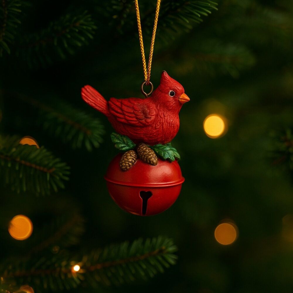 VINTAGE 90s Set of 12 Cardinal Bird Jingle Bell Ornaments Resin & Metal NOS
